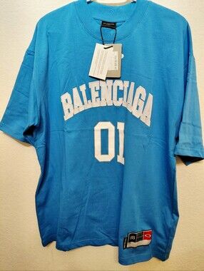 Balenciaga 100% Cotton Men’s Bright Blue Logo Tee with White '01' Graphic Large